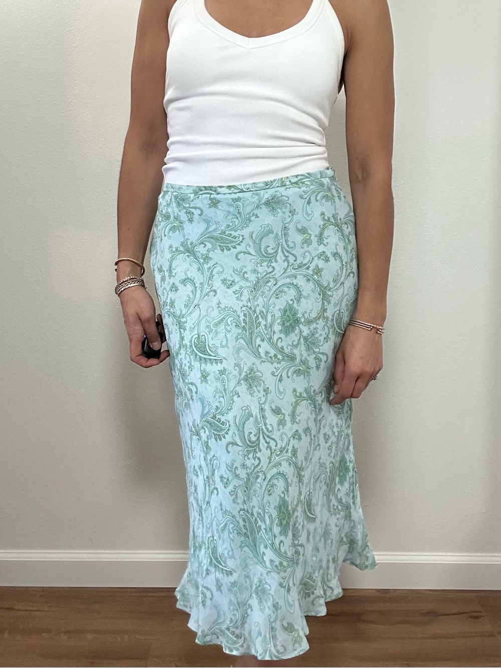 Vintage 90's 100% Silk Blue Paisley Slip Midi Skirt Size S